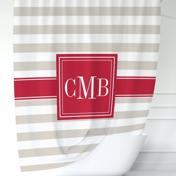 Beige And White Striped Shower Curtain With A Red Square Monogram Cmb.
