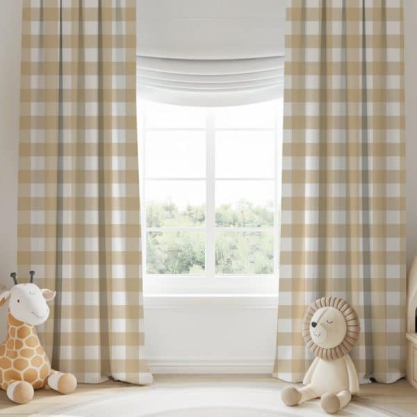Beige And White Gingham Curtains Flanking A Window.