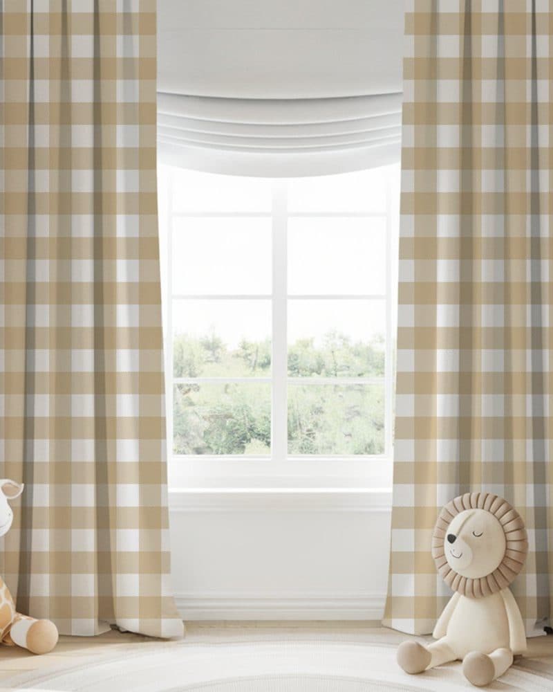 Beige and white gingham curtains flanking a window.