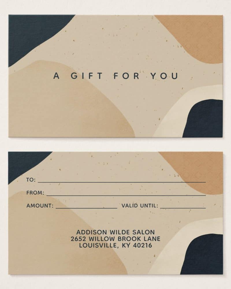 A beige and dark-blue abstract gift certificate from Addison Wilde Salon in Louisville, KY.