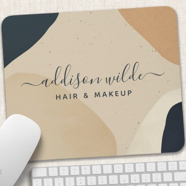 Mousepad With Abstract Beige And Dark Blue Shapes And The Text Addison Wilde Hair &Amp; Makeup.