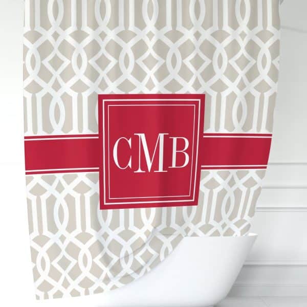 Beige Shower Curtain With A Red Band And Monogram Cmb.