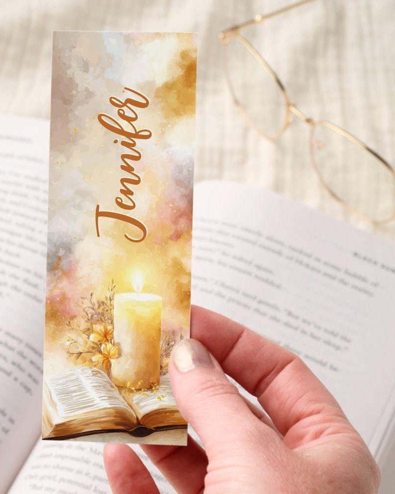 Bible Candle Flowers Gold Glitter Personalized Bookmarks