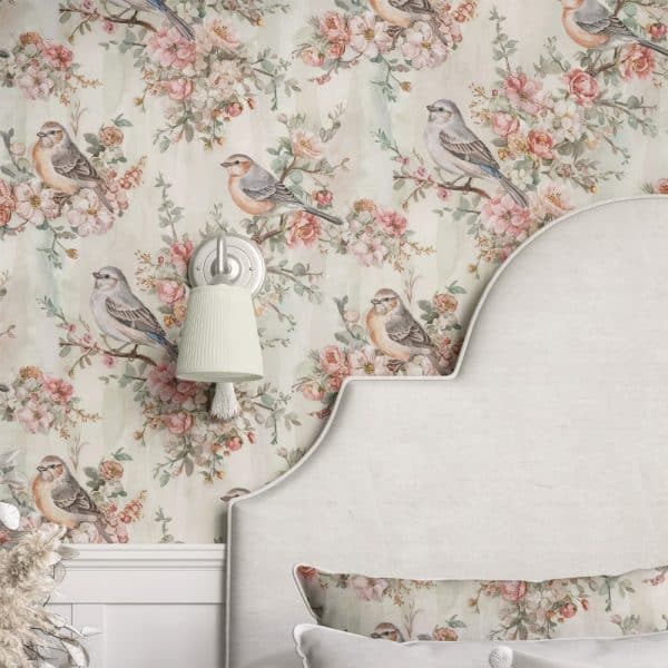 Floral Wallpaper Featuring Birds And Roses On A Light Green Background, Partially Shown On A Bedroom Wall Behind A Headboard.