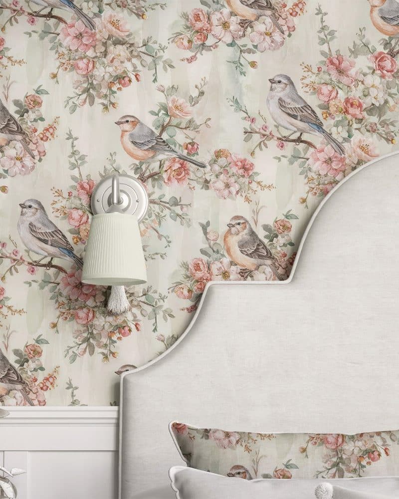 Floral wallpaper featuring birds and roses on a light green background, partially shown on a bedroom wall behind a headboard.