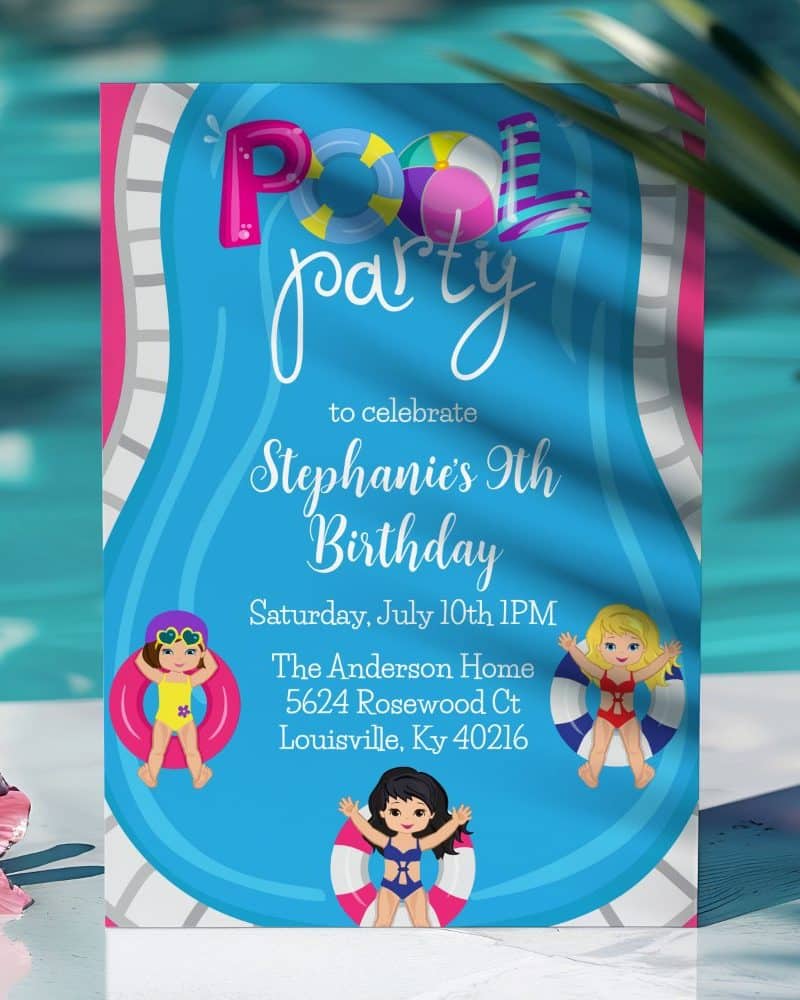 Pool party invitation for Stephanie's ninth birthday.