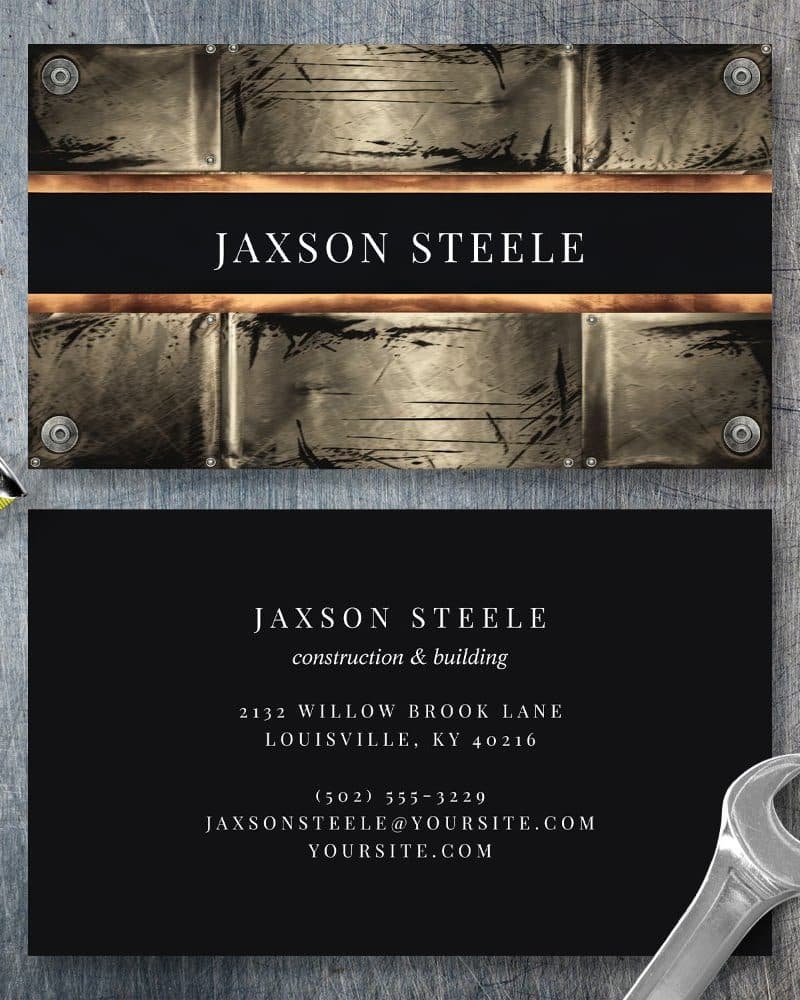 Jaxson Steele construction and building business card with a metallic background.