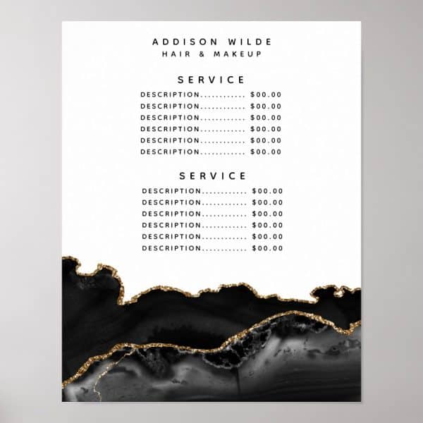Hair And Makeup Price List With Black And Gold Abstract Design.