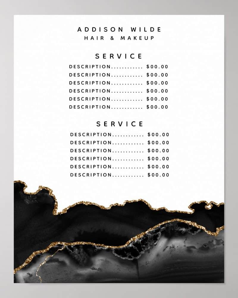 Hair and makeup price list with black and gold abstract design.