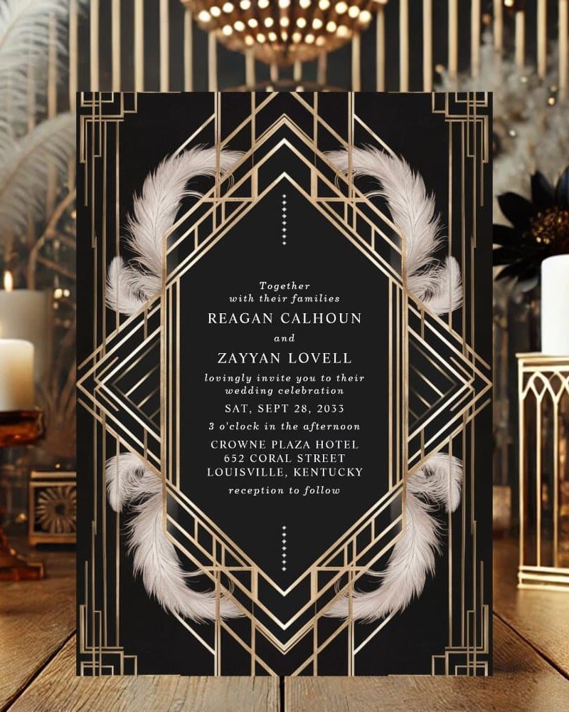 Art Deco wedding invitation for Reagan Calhoun and Zayyan Lovell.