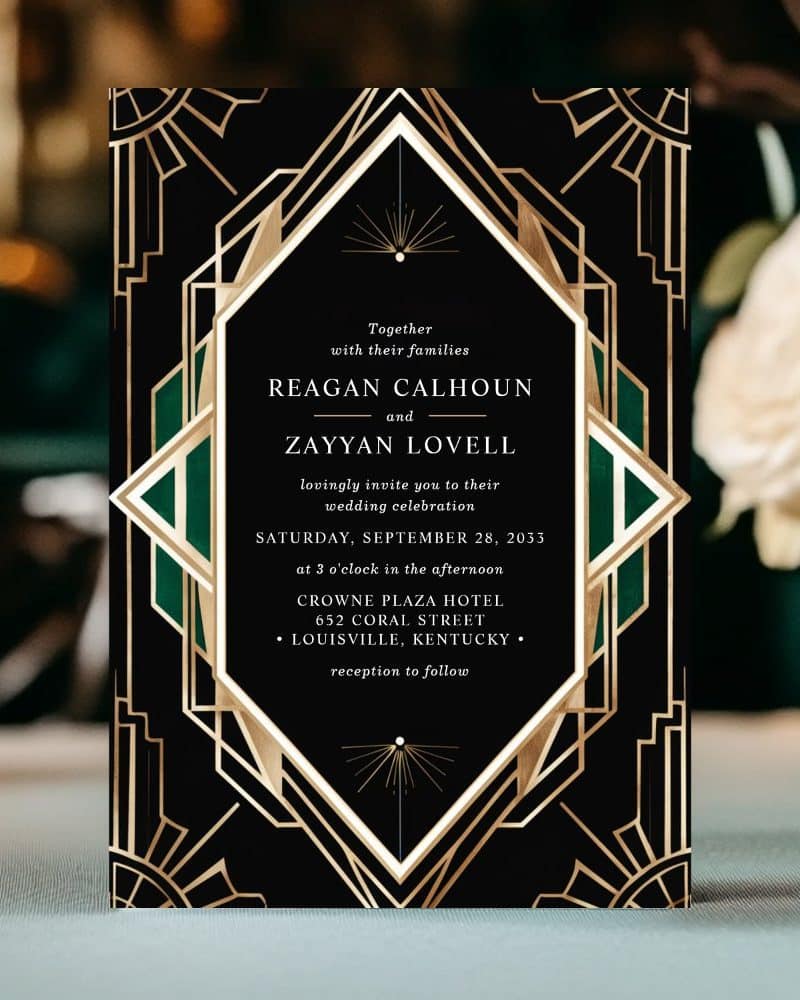 Art Deco wedding invitation for Reagan Calhoun and Zayyan Lovell.