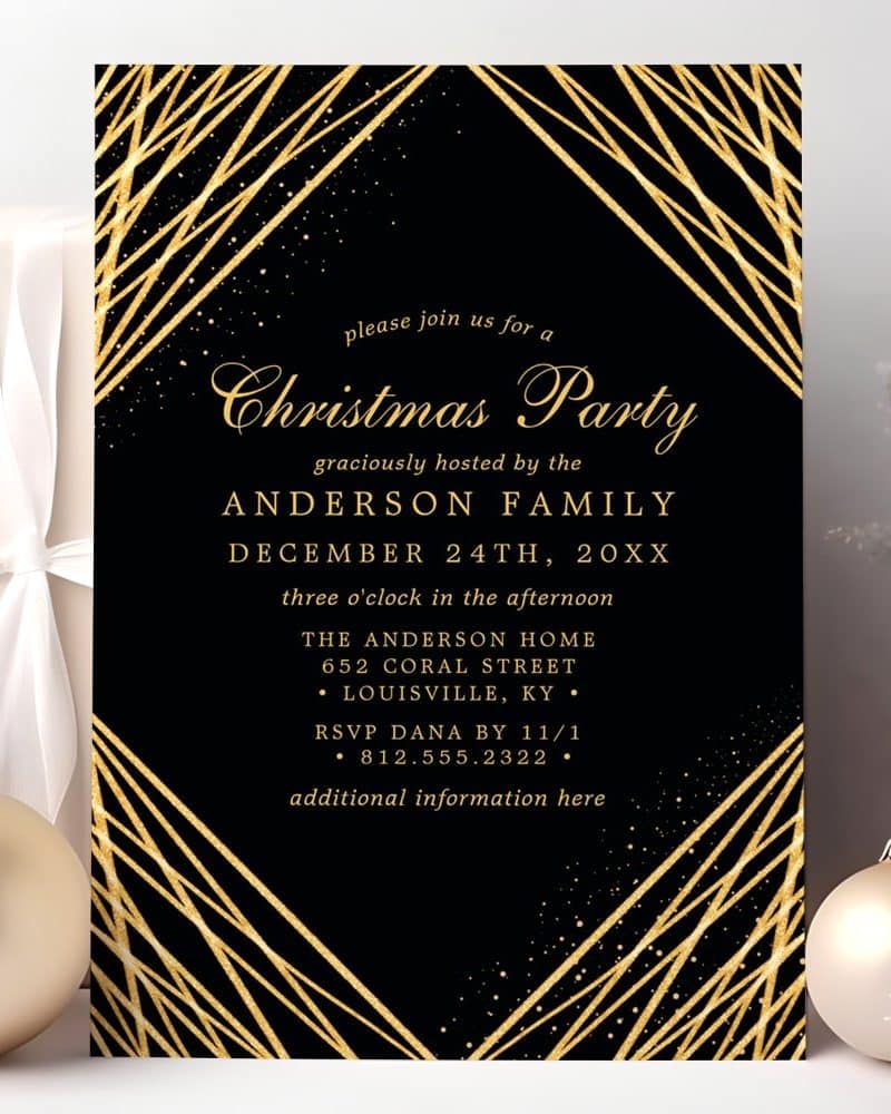 Black and gold Christmas party invitation with geometric design.