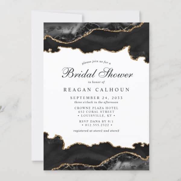 Black And Gold Bridal Shower Invitation With Agate Design.