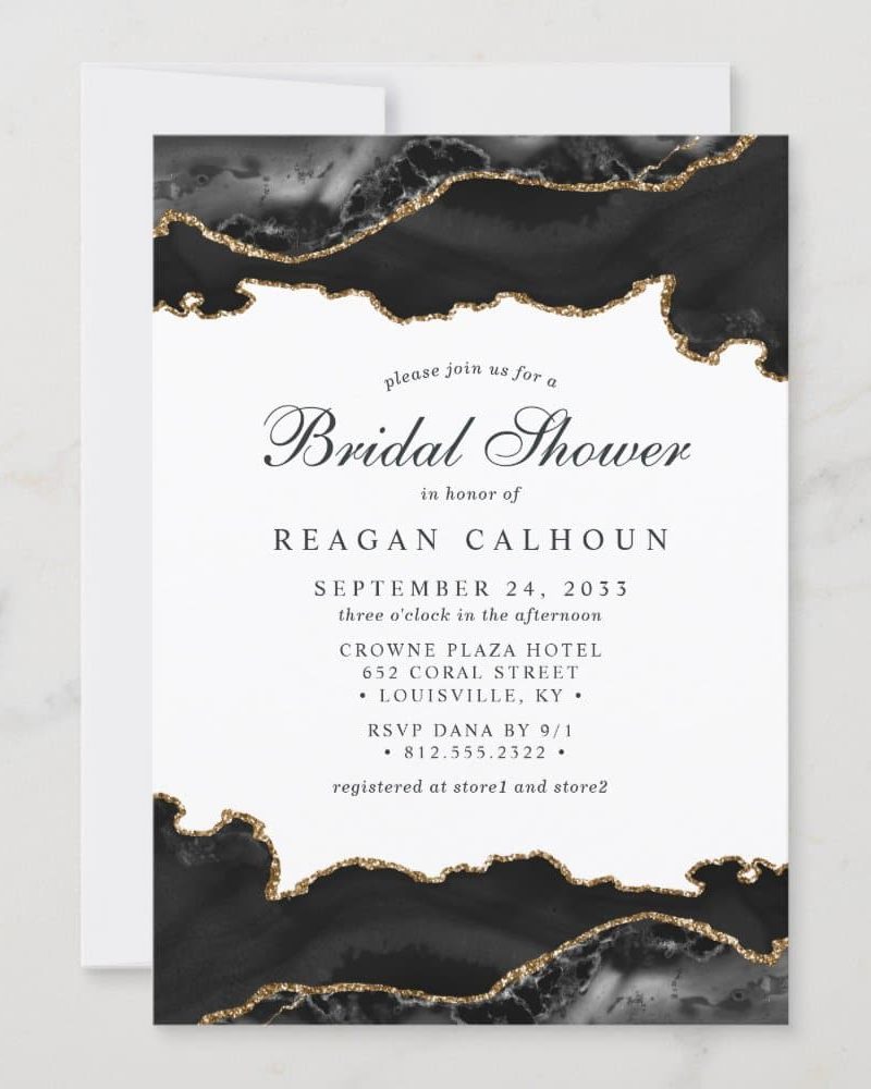 Black and gold bridal shower invitation with agate design.