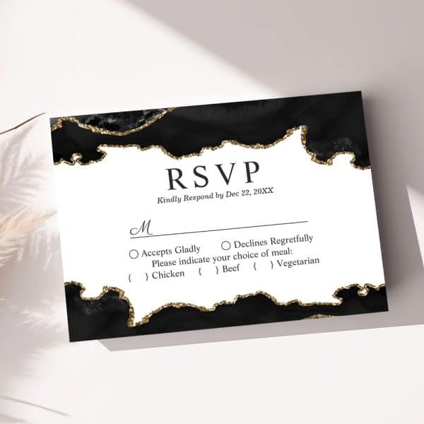 Black And Gold Rsvp Card With Options For Meal Selection.