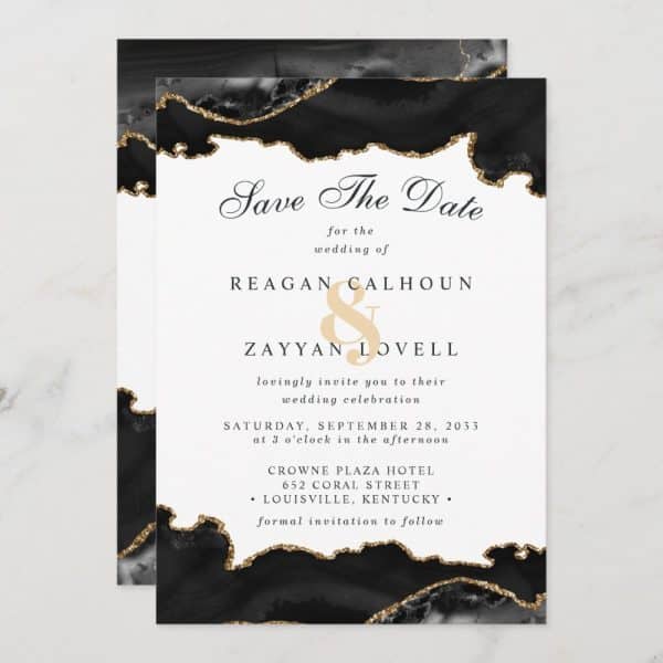 Black And Gold Save The Date Announcement For The Wedding Of Reagan Calhoun And Zayyan Lovell.