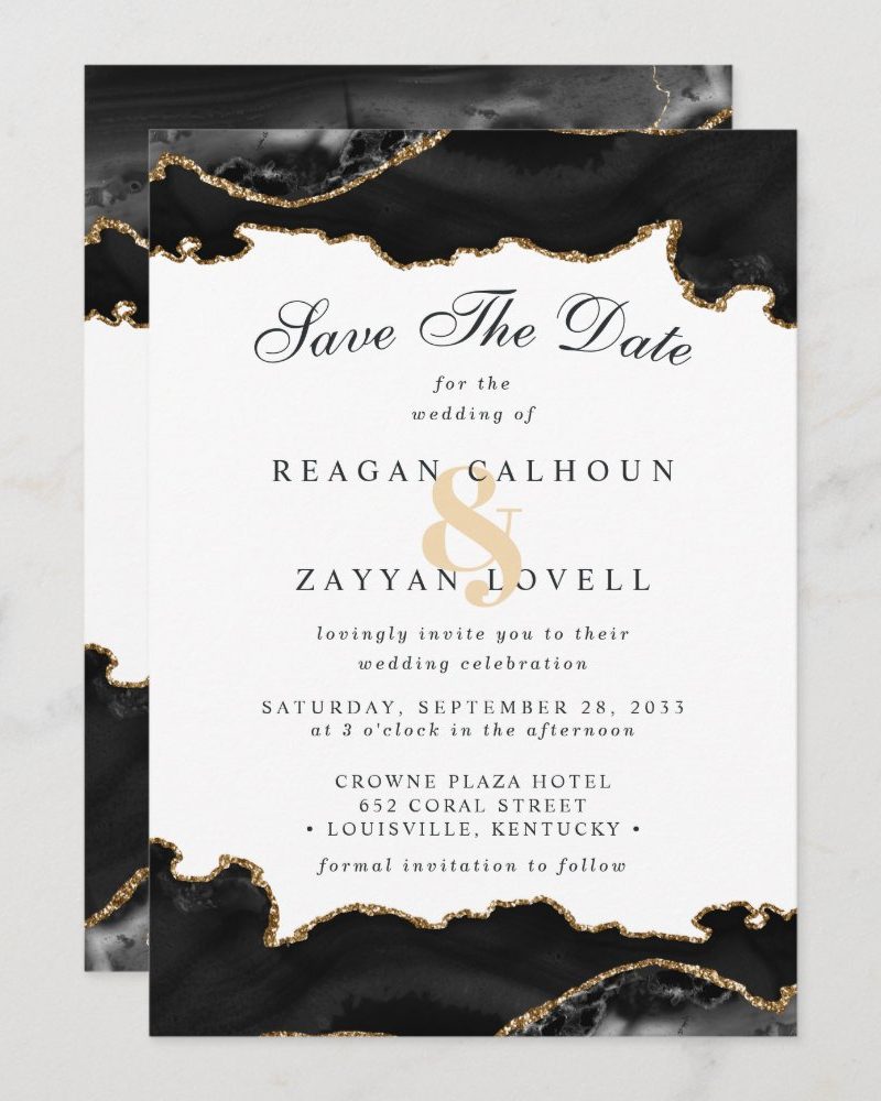 Black and gold save the date announcement for the wedding of Reagan Calhoun and Zayyan Lovell.