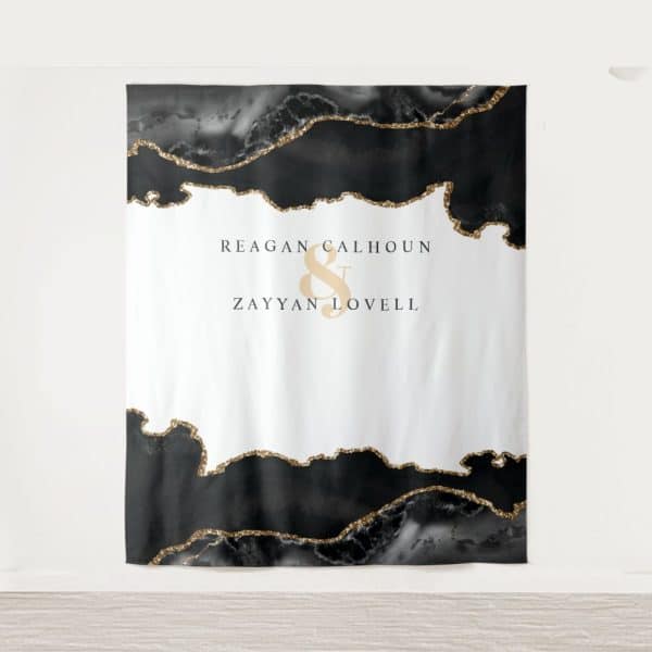 Wedding Backdrop With Black And Gold Agate Design And Couple'S Names.