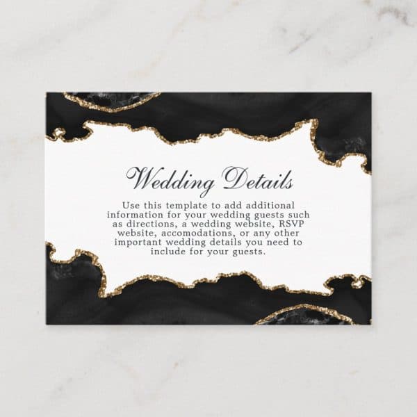 Black And Gold Wedding Details Card With Agate Design.