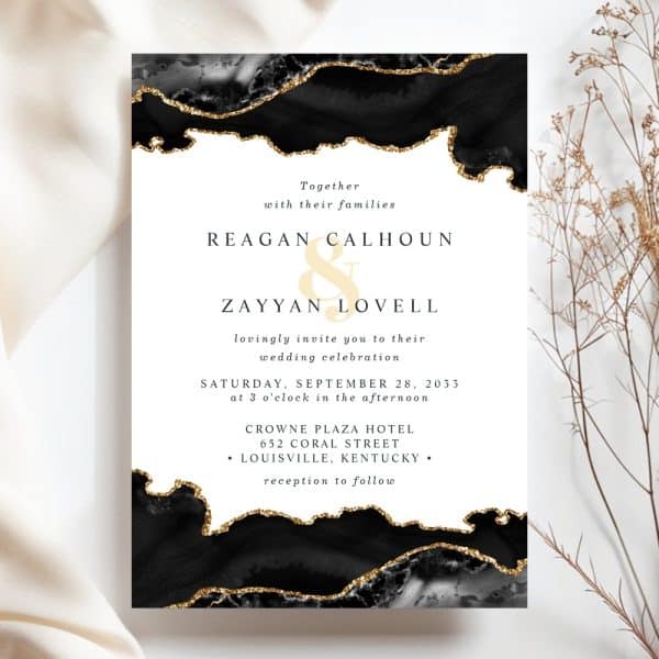 Wedding Invitation With Black And Gold Agate Design Featuring Reagan Calhoun And Zayyan Lovell'S Names And Wedding Details.