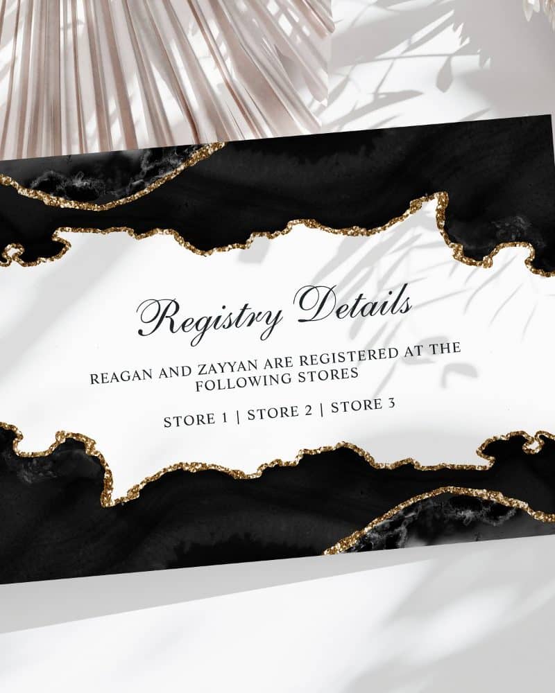 Registry details for Reagan and Zayyan, showing three store locations, on a black and gold design.
