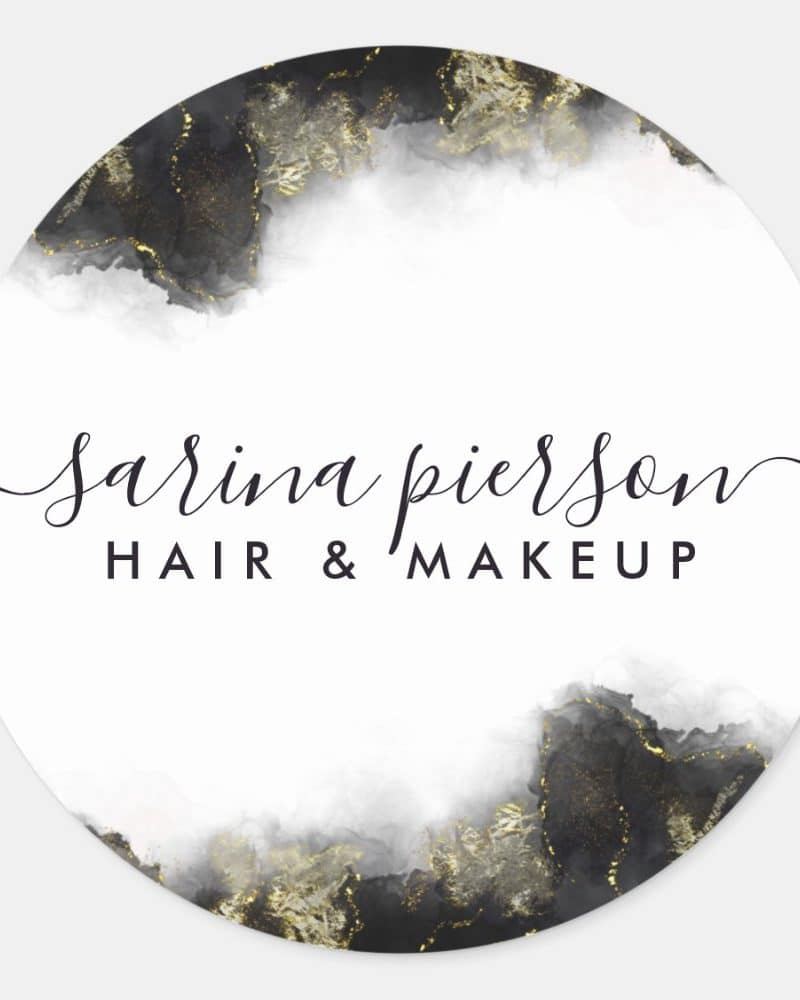 Circular logo for Sarina Pierson Hair & Makeup. A white background is framed by black and gold watercolor-style accents.