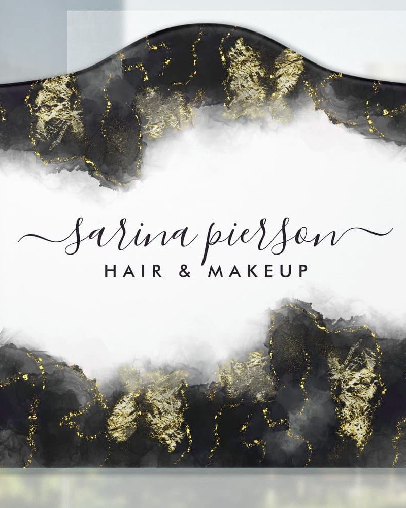 Black and gold business sign for Sarina Pierson Hair & Makeup.