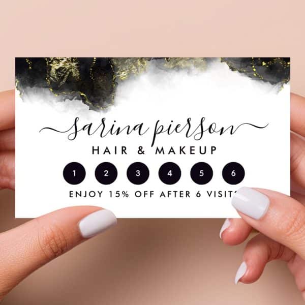A Six-Visit Loyalty Card For Sarina Pierson Hair &Amp; Makeup, Featuring A Black, Gold, And White Watercolor Design.