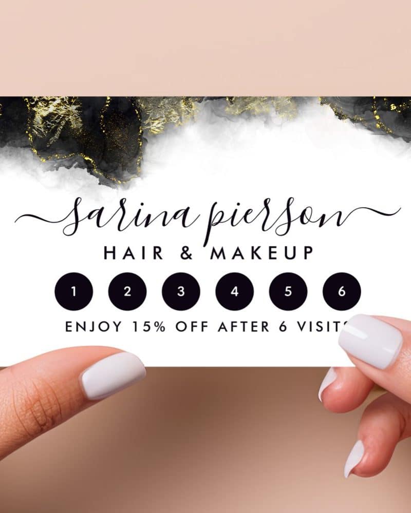 A six-visit loyalty card for Sarina Pierson Hair & Makeup, featuring a black, gold, and white watercolor design.