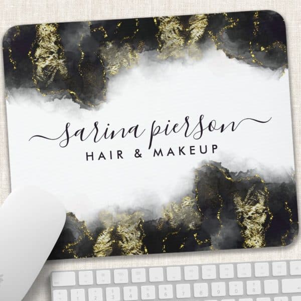 Mousepad With Sarina Pierson Hair &Amp; Makeup Logo; Black And Gold Abstract Design.