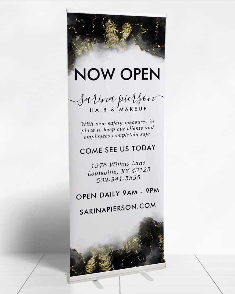 Sarina Pierson Hair & Makeup grand opening retractable banner. Black and gold design.