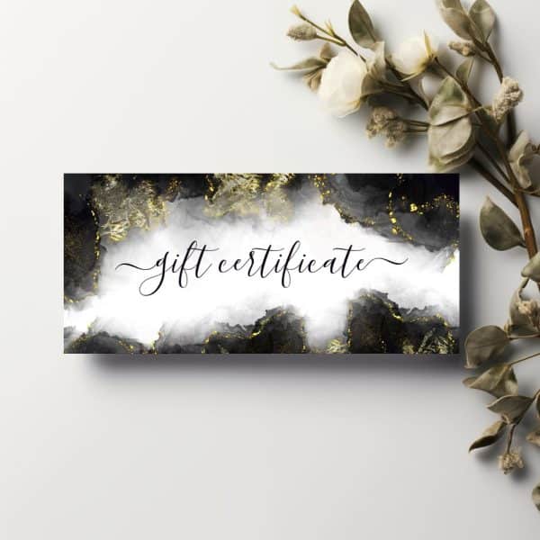 Gift Certificate With Black, White, And Gold Marble Design.
