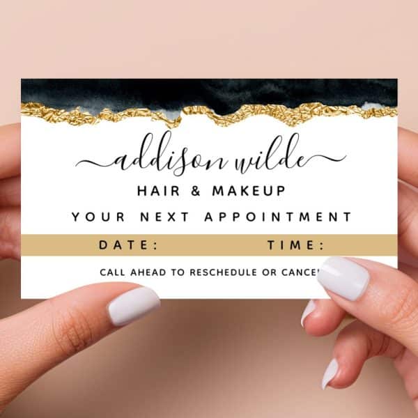 Appointment Card For Addison Wilde Hair &Amp; Makeup, Featuring A Dark And Gold Design.