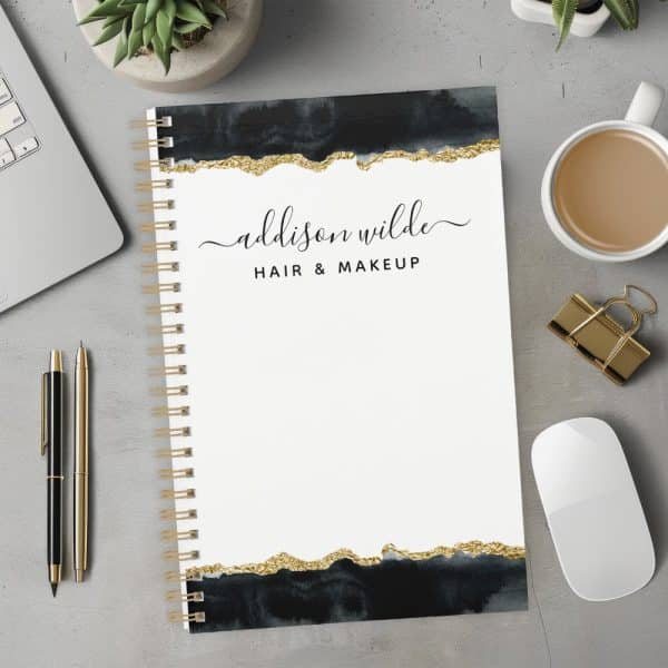 Spiral-Bound Notebook With A Dark And Gold Design, Personalized With Addison Wilde Hair &Amp; Makeup.