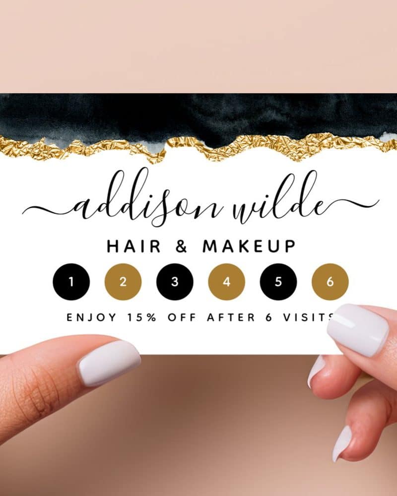 A six-visit loyalty card for Addison Wilde Hair & Makeup. The card features a black and gold design.