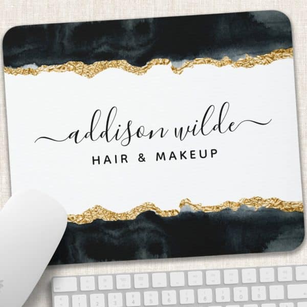 Mousepad With Addison Wilde Hair &Amp; Makeup Logo; Dark Blue Watercolor Design With Gold Foil Accents.