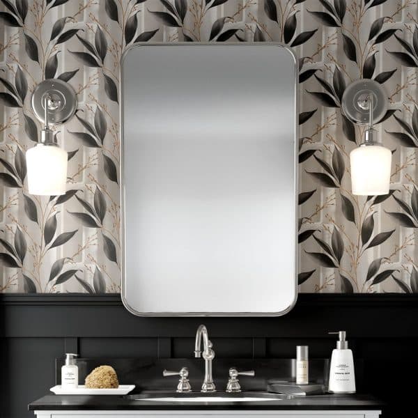 Bathroom Vanity With A Large Rectangular Mirror And Leafy Wallpaper.