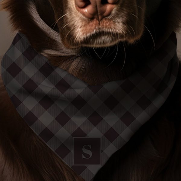 Brown Dog Wearing A Dark Gray And Black Plaid Bandana With A Monogrammed S.