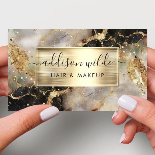 Business Card With Gold And Black Marble Design, Featuring The Name Addison Wilde Hair &Amp; Makeup.