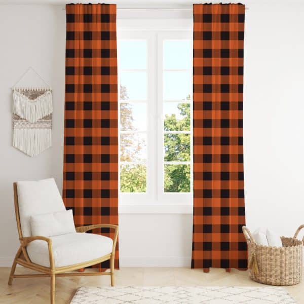 Orange And Black Buffalo Plaid Curtains Hanging In A Window.