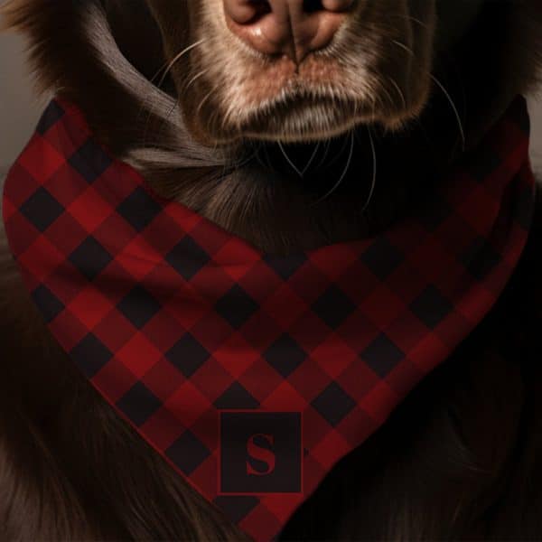 Brown Dog Wearing A Red And Black Buffalo Plaid Bandana With A Black Square And The Letter S In The Center.