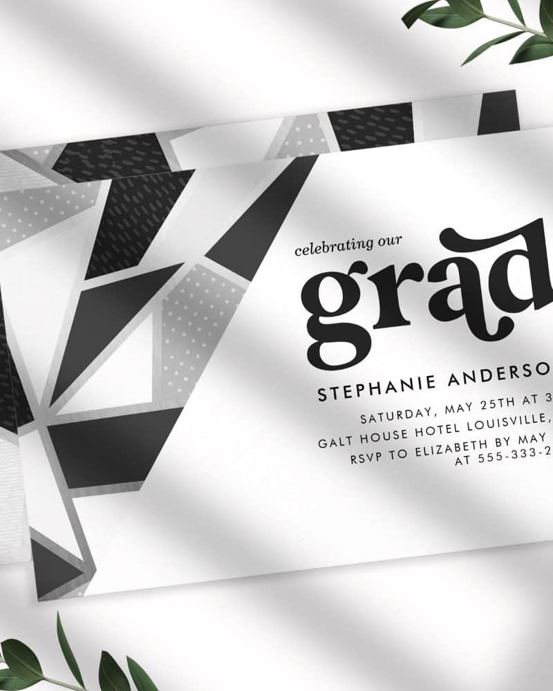 Graduation invitation for Stephanie Anderson with a geometric black and white design.
