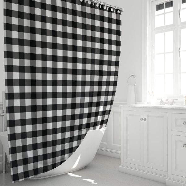 Black And White Checkered Shower Curtain In A Bathroom.