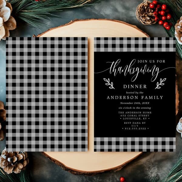A Black And White Buffalo Plaid Thanksgiving Dinner Invitation.
