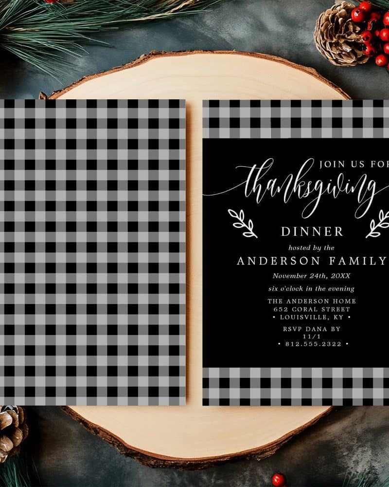 A black and white buffalo plaid Thanksgiving dinner invitation.