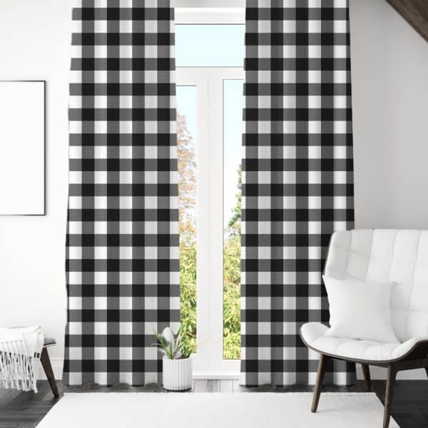 Black And White Buffalo Plaid Curtains Hanging In A Window.