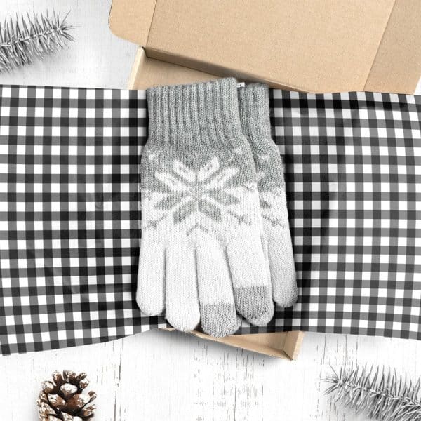 Pair Of Gray And White Knit Gloves With Snowflake Pattern In A Gift Box.