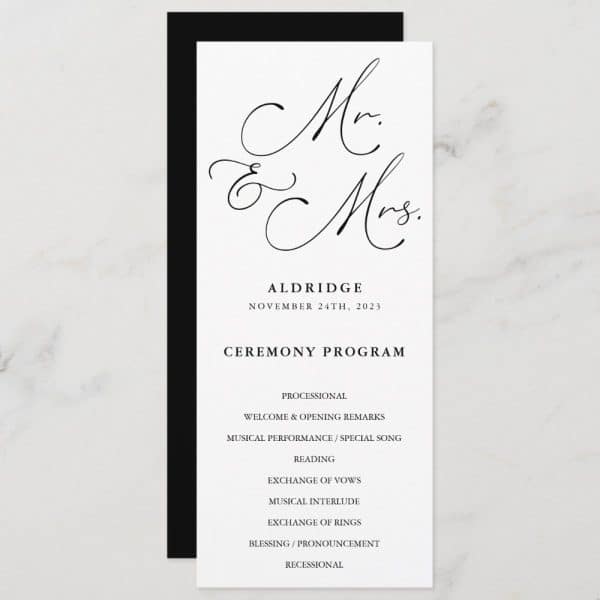 Wedding Ceremony Program For Mr. And Mrs. Aldridge, November 24, 2023.