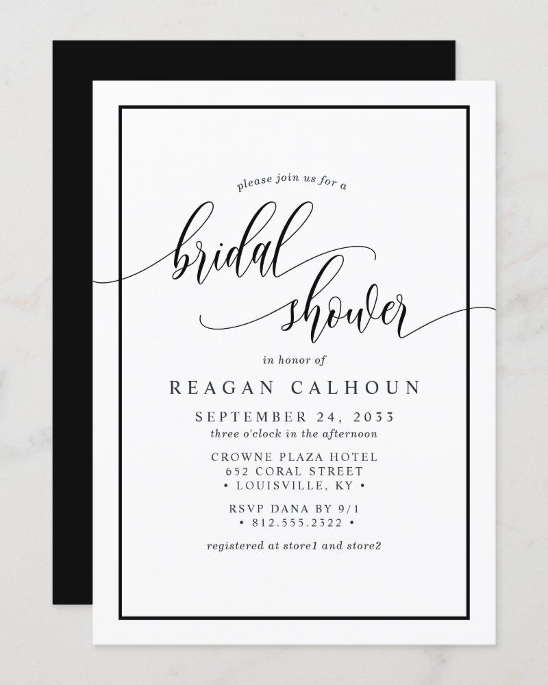 Bridal shower invitation for Reagan Calhoun on September 24, 2033, at the Crowne Plaza Hotel in Louisville, Kentucky.