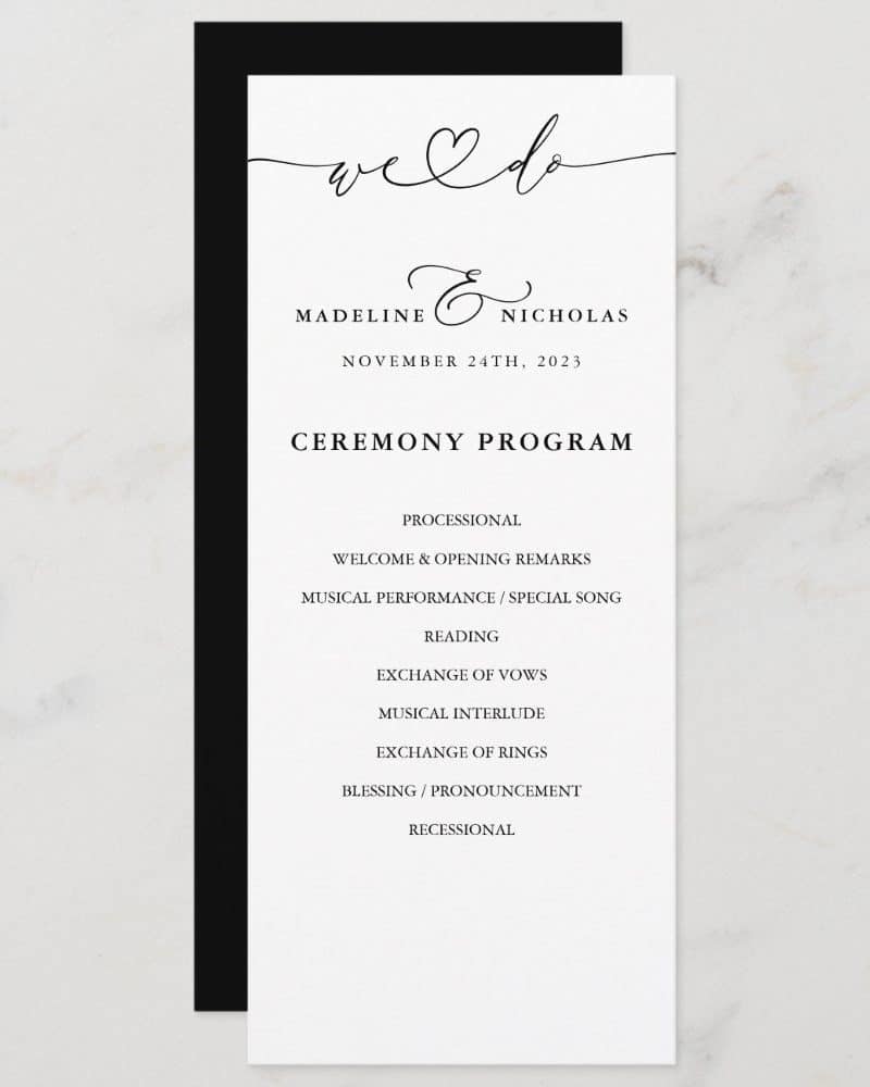Wedding ceremony program for Madeline and Nicholas, November 24, 2023.